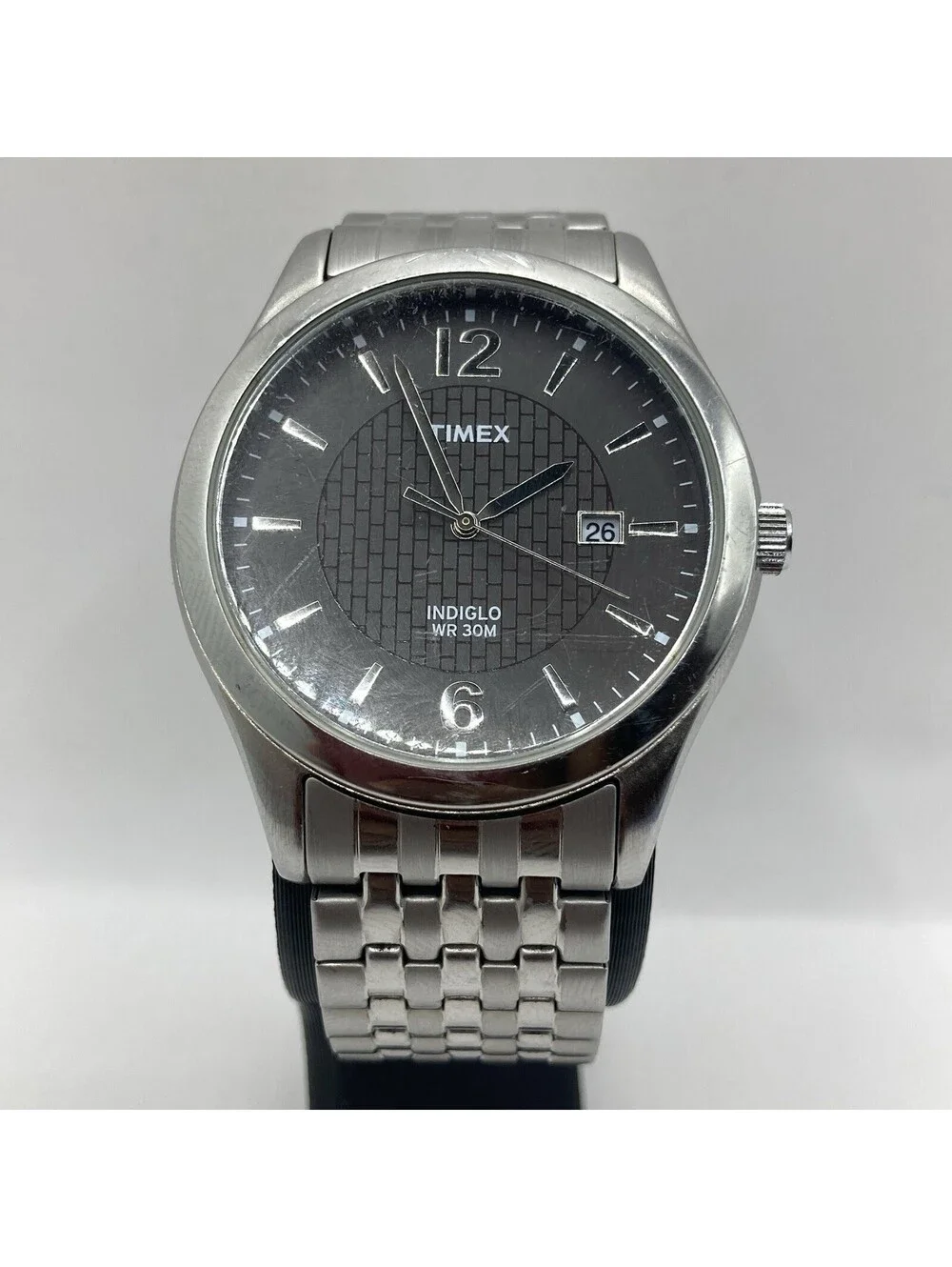 Timex Men's T2N848 Indiglo Dress Watch Charcoal Gray Brick Dial Date 39mm Silver